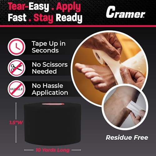 Cramer Athletic Tape 6 Pack, 1.5" x 10 Yards Black, Easy Tear Sports Tape for Ankle, Wrist & Knee, Latex-Free Adhesive, Strong Support, Athletic Training Tape Roll