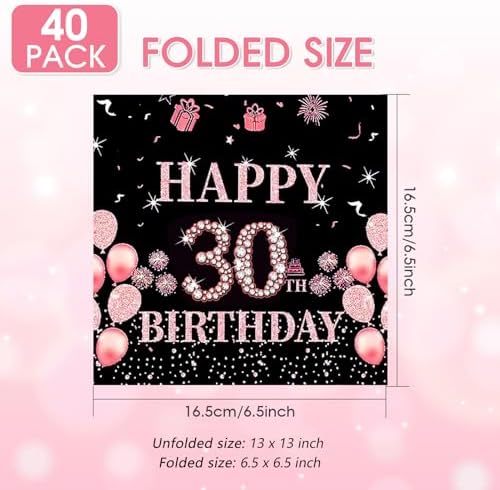 40 Pcs 30th Birthday Decorations For Her, Black Rose Gold Pink Anniversary Birthday Napkins Decrative, Cheers To 30 Years Table Party Supplies for Girls Women 6.5x6.5 Inches