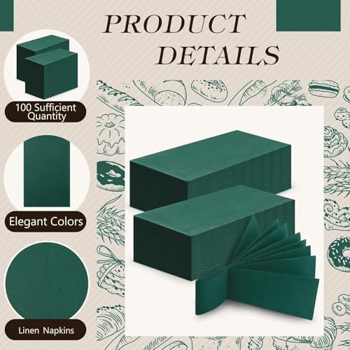 Qilery 100 Pcs Linen Feel Disposable Dinner Napkins Decorative Paper Napkin 17"x12" Paper Soft Hand Towel Absorbent Disposable Guest Towel for Kitchen Wedding Party(Green)