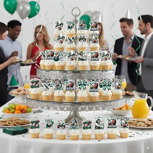 24 Pack Football Cupcake Toppers - Green Football Animal Theme Cup Cake Decorations for Birthday Sports Game Day Tailgate Favors Sport Themed Party Supplies