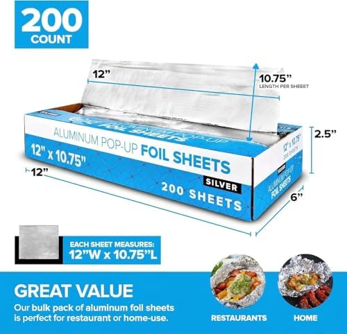 200 Count Pre-Cut Deli Aluminum Wraps – 12" Heavy-Duty Pop-Up, Disposable for Hot Dogs, Sandwiches & Food Service
