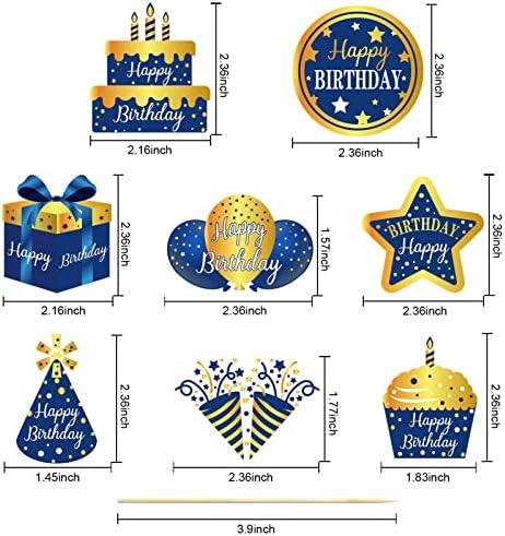 Lnlofen 48Pcs Happy Birthday Cake Toppers Decorations for Boys Men, Blue Gold Birthday Cupcake Toppers, 16th 21st 30th 40th 50th 60th 70th Bday Cupcake Picks Party Supplies