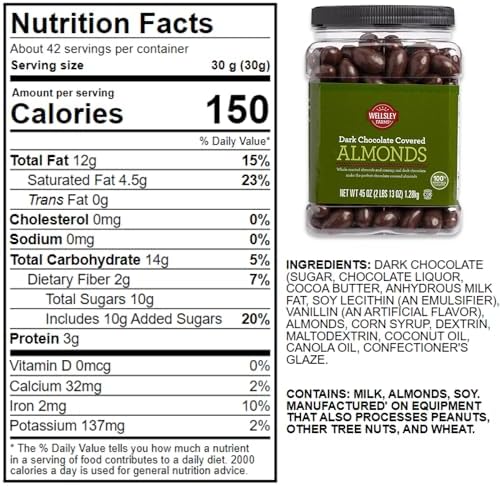 Wellsley Farms Dark Chocolate Covered Almonds – 2lbs 13oz | Whole Roasted Almonds with Real Creamy Dark Chocolate | Kosher, Gluten-Free Snack