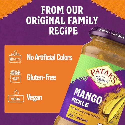 Patak’s Medium Mango Pickle - Authentic Indian Relish with Mango Chunks & Aromatic Spices - Perfect with Naan, Pappadum, Sandwiches & Salads - Vegan Spicy Pickle - 10oz Jar (Pack of 3)