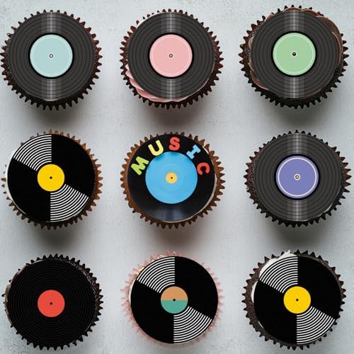 36PCS Edible Record Cupcake Toppers Wafer Paper Record CD Cupcake Picks Rock and Roll Party Decorations for Retro Vinyl Music Theme Birthday Baby Shower Supplies