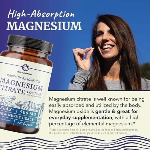 Magnesium Citrate 500 MG (120ct) for Calm & Relaxation | High Absorption Magnesium Supplement with Elemental Mag Oxide | Constipation & Digestion Support | Gluten-Free, Soy-Free | 4-Month Supply