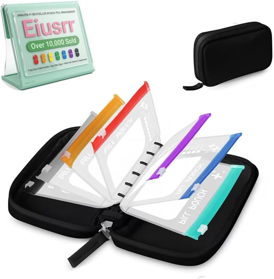 Waterproof Pill Pouch Set-14Pcs Bags Inside, Zipper Pill Case with 14 Day Zipper Pouches Organizer Travel Medicine Weekly Vitamin Medication Reusable Portable Large Holder Daily Container(Black)