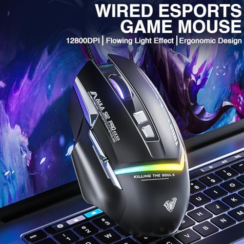 AULA S12Pro Wired Gaming Mouse,12800 DPI Optical Gamer Mouse with RGB Backlit,8 Programmable Buttons,Software Supports DIY Keybinds Rapid Fire Button (Renewed)