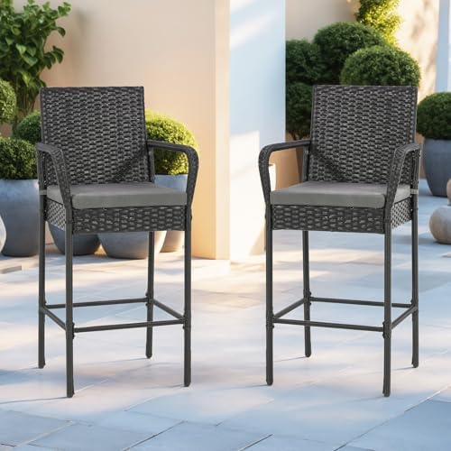 ECOTOUGE Set of 2 Patio Rattan Barstools, All-Weather Wicker Bar Height Chairs with Armrest & Backrest, Soft Cushion, Footrests, Outdoor Furniture for Backyard, Pool, Garden, Black