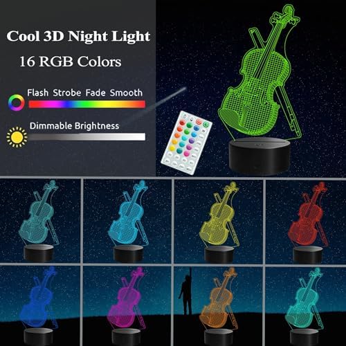Violin Night Light, Violin Gifts, Cello 3D Illusion Lamp with Remote Control, 16 RGB Colors, 4 Flashing Modes, Timer, Dimmable, Kids Music Room Decor