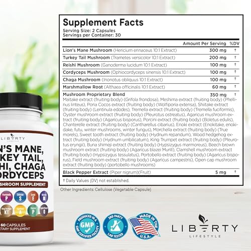 Liberty Lifestyle Lions Mane Mushroom Supplement with Turkey Tail Reishi Cordyceps Chaga with Marshmallow Root - 3-Pack