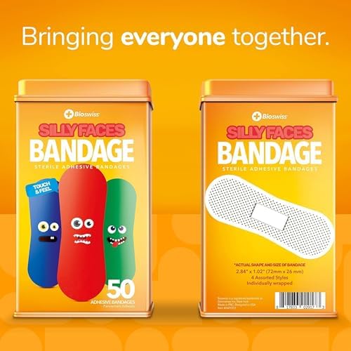 BioSwiss Bandages, Silly Faces Shaped Self Adhesive Bandage Set, Latex Free, Sterile Wound Care, 50 Count
