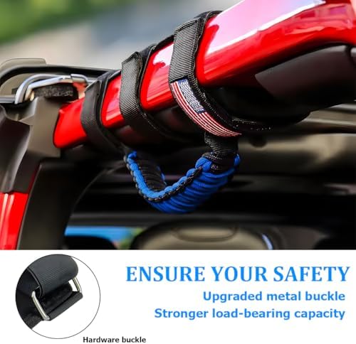 2PCS Car Roll Bar Grab Handles, Oxford Cloth American Flag ATV Paracord Grip Handle with Metal Buckle, Heavy Duty UTV Roll Cage Grab, Compatible with Wrangler JL, JT, JK (Blue)