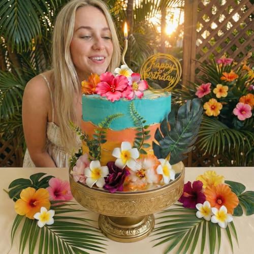 Hawaiian Cake Decorations Tropical Cake Toppers with Hibiscus Flower Palm Leaves Cake Decor for Summer Flamingo Aloha Beach Birthday Themed Party Supplies