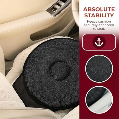 360 Degree Swivel Car Seat Cushion, Round Rotating Non Slip Vehicle Chair Pad for Elderly Support, Portable Removable Automotive Interior Seat Assist Pad, Universal for Sedan RV Truck (Black)