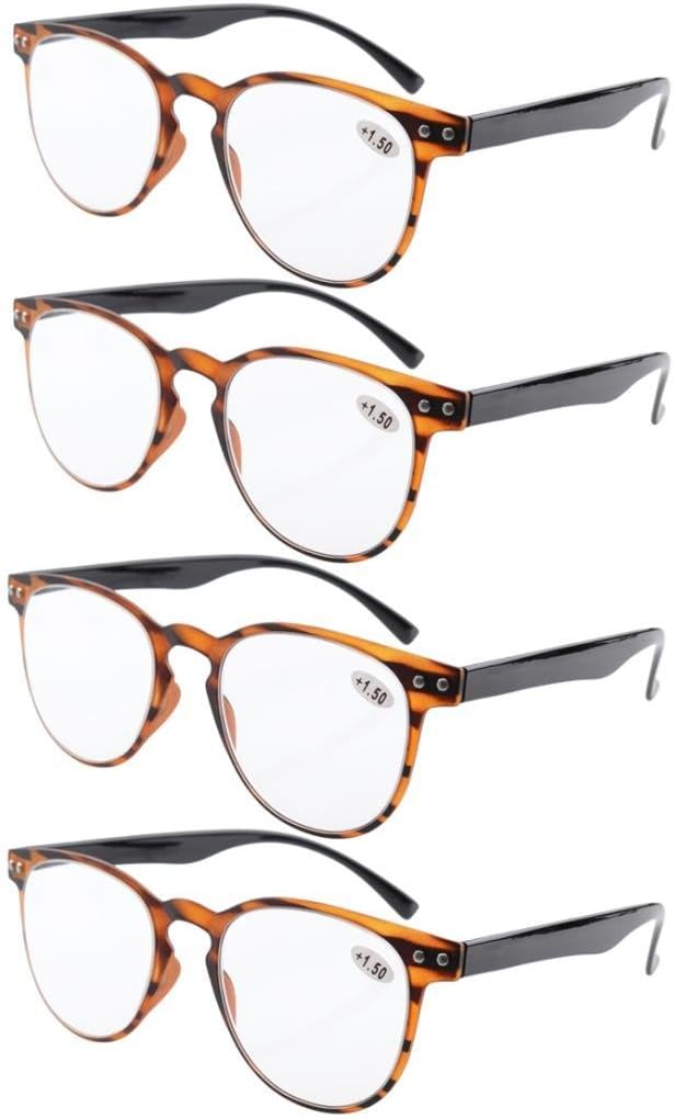 Eyekepper 4-Pack Round Full Coverage Ultrathin Flex Frame Reading Glasses Readers Amber Frame Black Arms +3.0