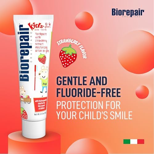 BIOREPAIR Kids- Kids and Baby Toothpaste with Hydroxyapatite, Gentle Cleansing & Enamel Protection, Strawberry Fluoride Free Toothpaste, Moisturizing Action on Gums, 0-6 Years, 2.12 Oz, Made in Italy