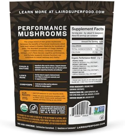 Laird Superfood Organic Performance Mushroom Blend with Chaga, Cordyceps, Lion's Mane and Maitake for Energy and Cognition, 3.17 oz. Bag, Pack of 1