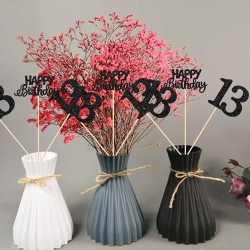 12 Pack Happy Birthday 13th Centerpiece Sticks Glitter Thirteen Cheers to 13 Years Old Table Centerpiece Sticks for 13 Fabulous Happy Birthday Theme Party Supplies Black