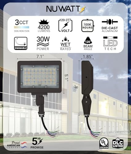 NUWATT 30W LED Flood Light, 3CCT 3000K/4000K/5000K Selectable, IP65 Waterproof Lighting, Adjustable Knuckle Mount, 4200LM, 0-10V Dimmable, 120-277V, Outdoor Security Floodlight for Yard, Bronze, UL