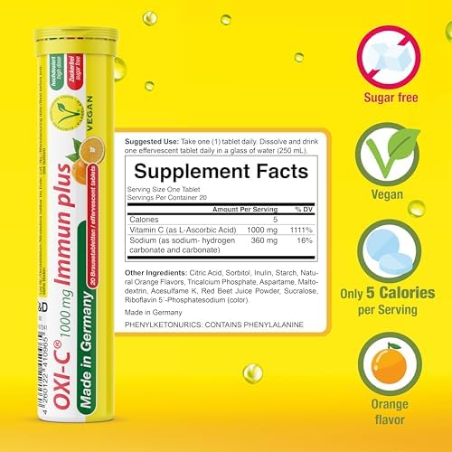 T&D Oxi C 1000 mg Vitamin C - 140 Vegan Drink Effervescent Tablets - Orange Flavor - Made in Germany