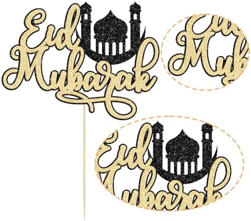 Ephlyn 1Pcs Eid Mubarak Cake Topper Glitter Moon Star Ramadan Kareem Eid Cake Decoration for Islamic Muslim Theme Party Decorations Supplies Gold