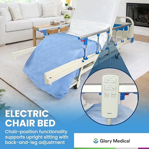 Glory Medical PAM-3C Hospital Bed - Chair position Adjustable Electric Hospital Beds for Home and Commercial Use, Locking Casters, Includes Foam Mattress, Bed Tray & Bed Sheets (x2)
