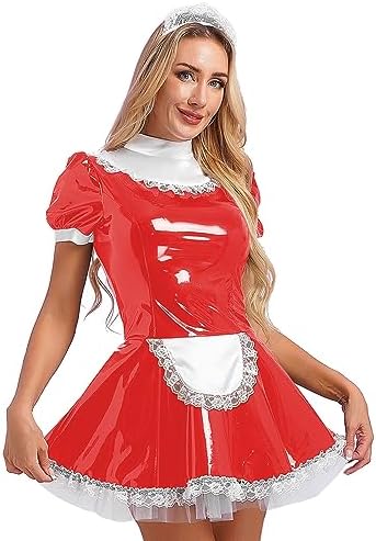 Women's Wet Look PVC Leather French Maid Costume Outfits Mini Dress Apron Fancy Dress
