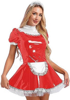 Women's Wet Look PVC Leather French Maid Costume Outfits Mini Dress Apron Fancy Dress