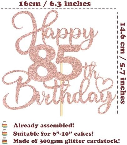Sotpot 1 Pack 85th Birthday Cake Topper Double-sided Rose Gold Glitter Cake Pick Cake Decoration for Happy 85th Birthday Anniversary Party Decorations