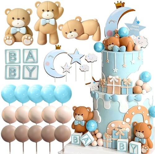 JeVenis Blue Bear Cake Decoration Baby Bear Baby Shower Cake Topper Bears Cake Decoration Baby Shower Birthday Cake Decoration