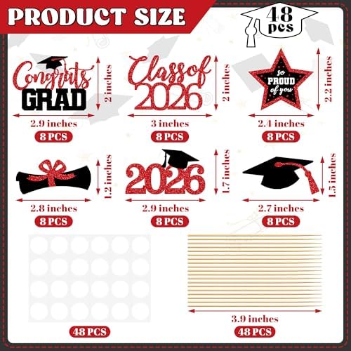 48 PCS Graduation Cupcake Toppers, Glittery 6 Styles Congrats Grad Cake Topper, Black and Red Graduation Decorations 2026, Cap and Diploma Cake Picks for Grad Party Supplies