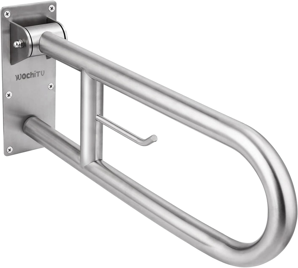 29.5 INCH Stainless Toilet Safety Rails,Disabled Flip-Up Bathroom Grab Bar with Paper Holder,Toilet Handrails Hand Grips Handle Shower Assist Aid, WochiTV Handicap Grab Bars for Elderly