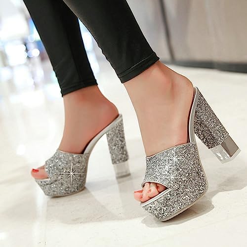Vujkliy 13CM Thick Bottom Waterproof Platform Large Size Sandals and Slippers High Heel Women's Shoes Sequin Fish Mouth Thick Heel Flip Flop