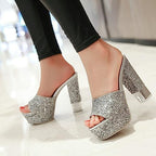 Vujkliy 13CM Thick Bottom Waterproof Platform Large Size Sandals and Slippers High Heel Women's Shoes Sequin Fish Mouth Thick Heel Flip Flop