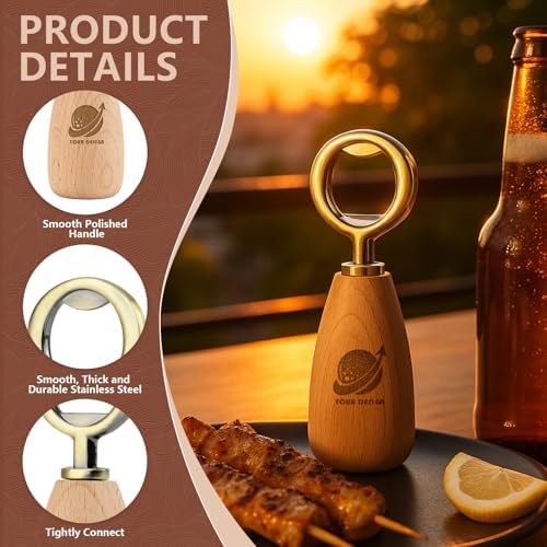 Apsire Custom Beech Wood Bottle Opener, Engraved Stainless Steel Opener with Wooden Handle, Wedding Beverage Opener - Small