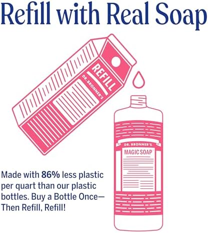 Dr. Bronner's Pure-Castile Magic Soap Liquid- Made with Regenerative Organic Certified Oils- For Body, Face, Hair, Dishes, Laundry, Vegan Bath Soaps for Men & Women, Non-GMO - Rose, 32oz + Refill