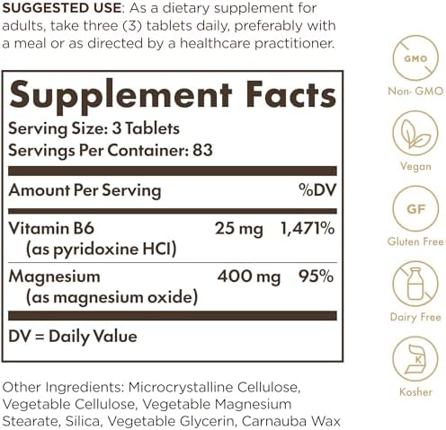 Solgar Magnesium with Vitamin B6, 250 Tablets - Promote Healthy Bone Mineralization, Support Nerve & Muscle Function, Energy Metabolism - Non-GMO, Vegan, Gluten Free, Dairy Free, Kosher - 83 Servings