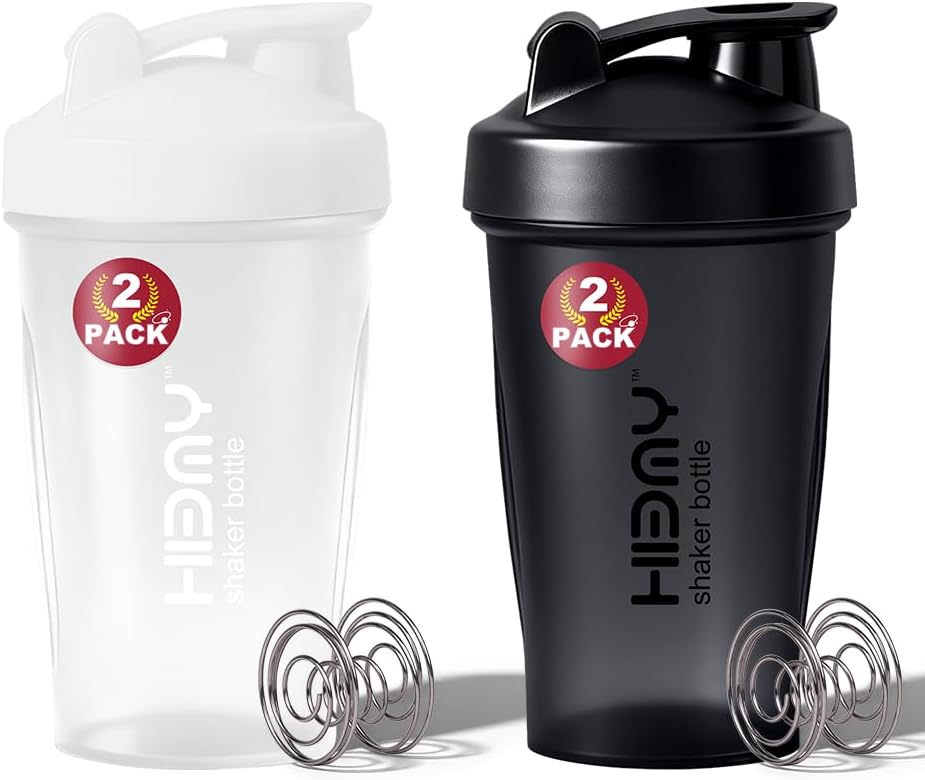 [ 2 Pack 400 ml / 12 OZ Protein Shaker Bottles for Protein Mixes, 2 x Whisk Ball | Shaker Cups for Protein Shakes | BPA Free, 100% Leak Proof, No Smell | Small Shake Bottle (A) Black/White