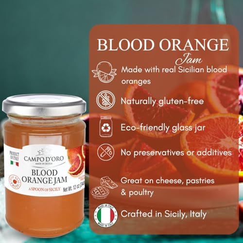 Campo D'Oro Sicilian Blood Orange Marmalade – Italian Jam – 100% Real Fruit – No Additives – Blood Orange Preserve Made from Fresh Pulp, Peels & Juice – 12 oz (340g)