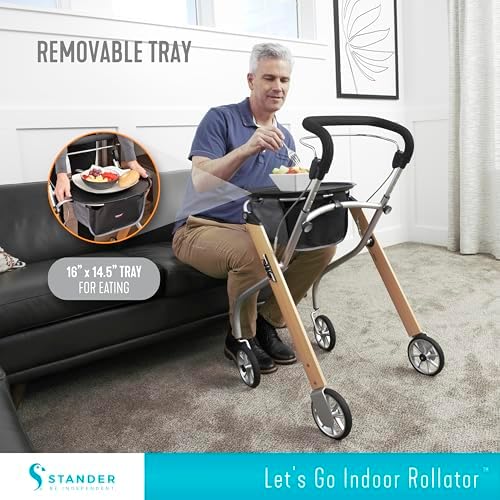 Stander Let’s Go Indoor Rollator, Lightweight Four Wheel Euro Style Walker with Tray, Folding Mobility Aid for Seniors by Trust Care, Beech
