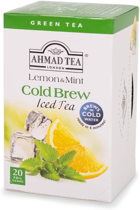 Ahmad Tea Green Tea, Cold Brew Lemon and Mint Teabags, Iced Tea, 20 ct (Pack of 1) - Caffeinated and Sugar-Free