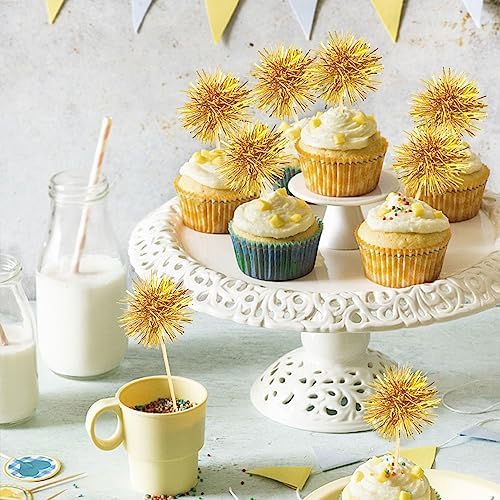 80 Pcs Firework Cupcake Topper Gold Graduation Cake Decorations Foil Frill Toothpicks for Party Decoration, Cake Toppers, Picnics, Bar, Birthday, Holiday (Gold)