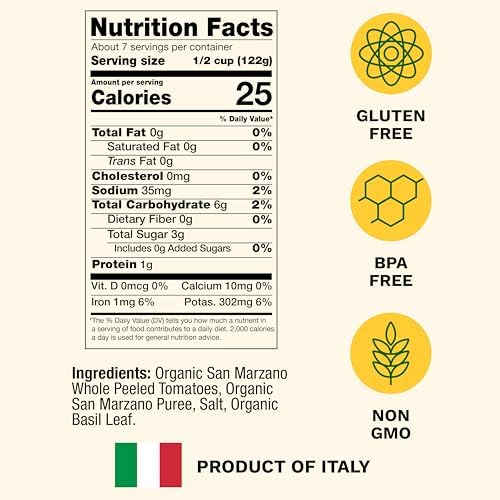 Cento Organic Certified San Marzano Whole Peeled Tomatoes 28 Oz (Pack of 6), Canned Plum Tomatoes in Thick Puree with Basil, Grown and Processed in Italy