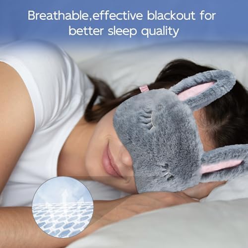 Cute Animal Sleeping Mask Sleep Mask, Soft Plush Rabbit Eye Mask for Travel Nap Sleeping Blindfold Eye Cover Eyeshade for Adult Kids Girls Teens Men Women - Rabbit, Gray