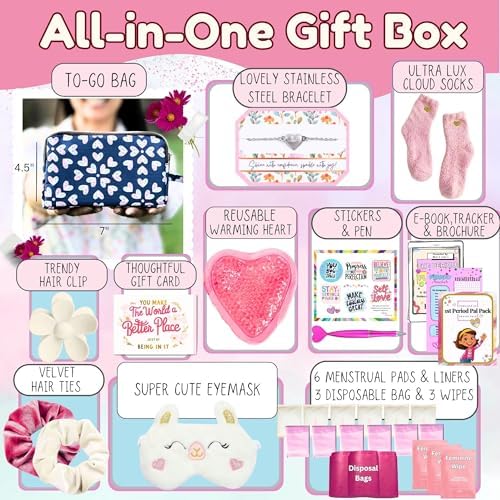 Mark and Lola’s First Period Pal Pack Gift Box | First Period Kit for Tweens & Teens | Pads, Panty Liners, Confidence-Boosting Essentials, First Period Gift Box & Discreet Bag (Hearts)