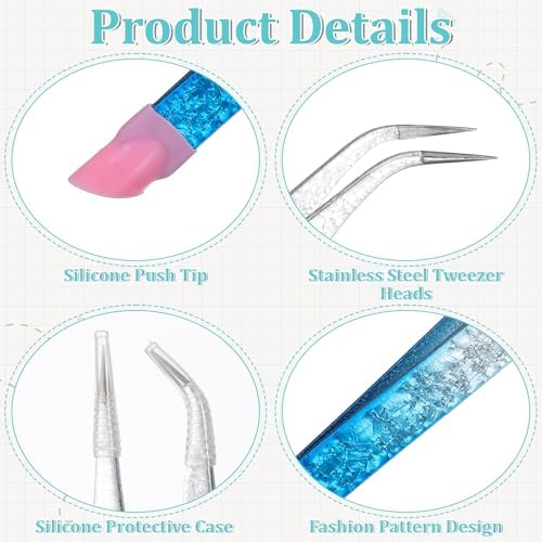 2PCS Crystal Blue Nail Tweezer: Double Ended Sticker Tweezers with Silicone for Craft, Precision Rhinestone Picker Tool for Jewelry Eyelash Nail Art,Curved Tip Tweezers Kit