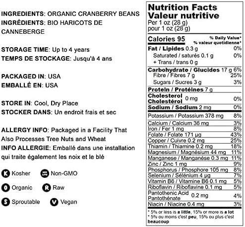 Organic Cranberry Beans, 2 Pounds – Non-GMO, Dried Borlotti Beans (Romano Beans), Sproutable, Vegan, Kosher, Bulk. High in Folate, Fiber, Protein. Product of the USA. Perfect for Stews, Soup, Salads