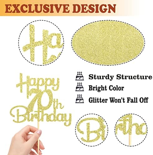 Sotpot Happy 70th Birthday Cake Topper Gold Glitter 70th Cake Toppers 70 Birthday Cake Decorations for Cheers to 70 Fabulous Birthday Party Supplies - 1 Pack