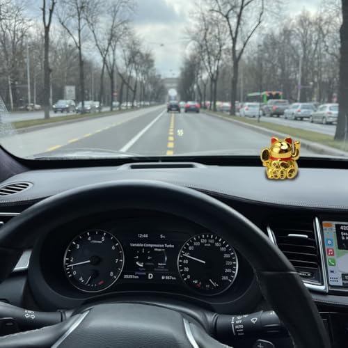 Tiiyee Solar Powered Lucky Cat, Miniature 2 Inch Cute Lucky Cat Waving Arm Fortune Cat Statue Decorations Beckoning Welcoming Car Dashboard Decor for Wealth and Home Business Openings Gold (Golden)
